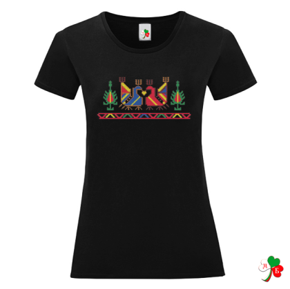 Черна дамска тениска с народни мотиви на шевици - Петли