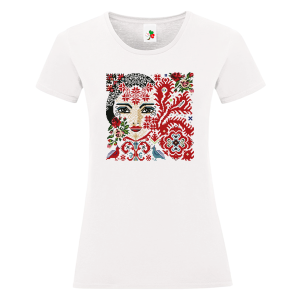 Дамска бяла тениска с мотиви на шевици - Българско девойче