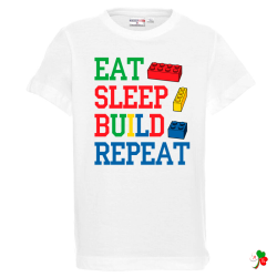 Бяла детска тениска- Лего- Eat-Sleep-Biuld-Repead
