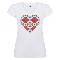 Дамска бяла тениска - V образно деколте -  Сърце