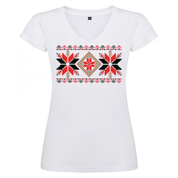Дамска бяла тениска - V образно деколте с народни мотиви