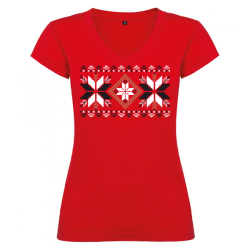 Дамска червена тениска - V образно деколте с народни мотиви