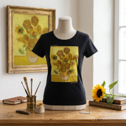 Дамска  черна тениска - Слънчогледи  на  Ван Гог