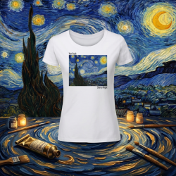 Дамска  бяла тениска - Звездна нощ  на  Ван Гог