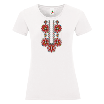 Дамска бяла тениска с народни мотиви на шевици - Пазва Елбетица
