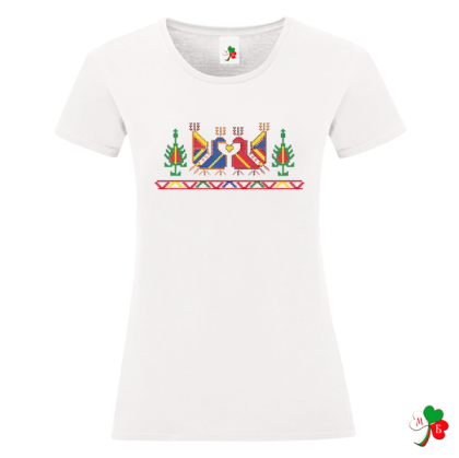 Дамска бяла тениска с народни мотиви на шевици- Петли