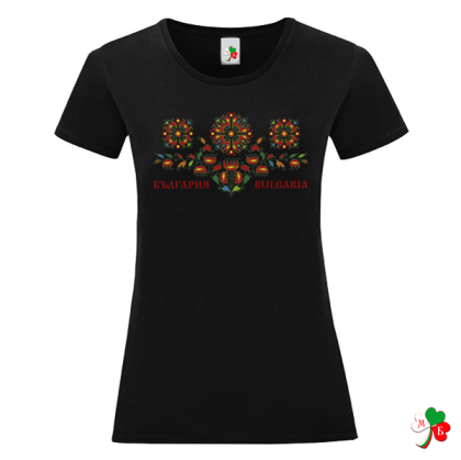 Дамска черна тениска с народни мотиви на шевици- България