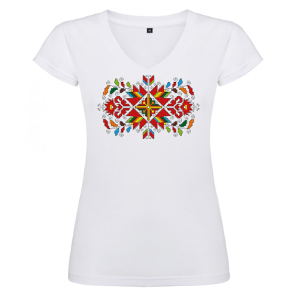 Дамска бяла тениска - V образно деколте - Лазарки