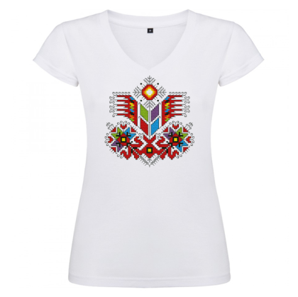 Дамска бяла тениска - V образно деколте - Дървото на живвота