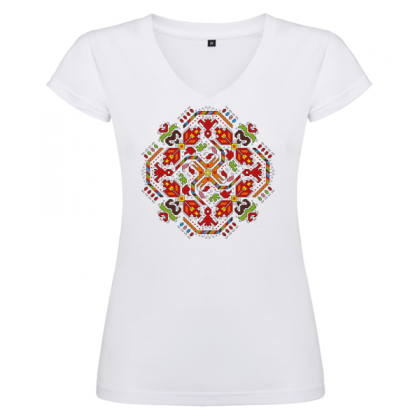 Дамска бяла тениска - V образно деколте -  Слънце