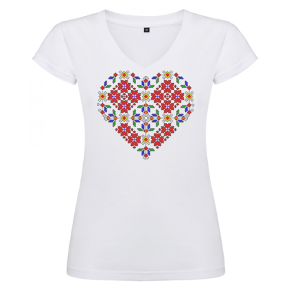 Дамска бяла тениска - V образно деколте -  Сърце