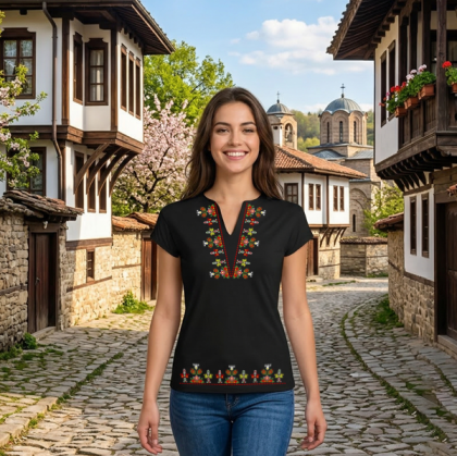 Висококачествена черна дамска тениска с мотиви на шевици