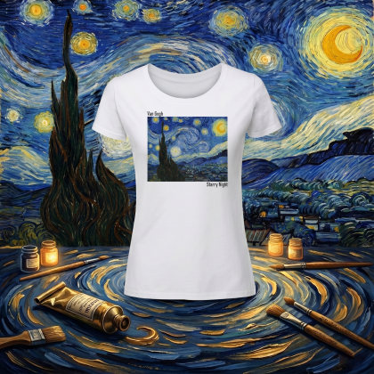 Дамска  бяла тениска - Звездна нощ  на  Ван Гог