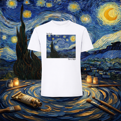 Мъжка  бяла тениска - Звездна нощ  на  Ван Гог
