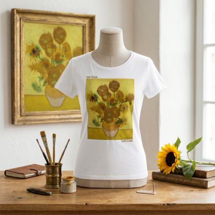 Дамска  бяла тениска - Слънчогледи  на  Ван Гог