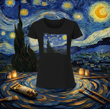 Дамска  черна тениска - Звездна нощ  на  Ван Гог