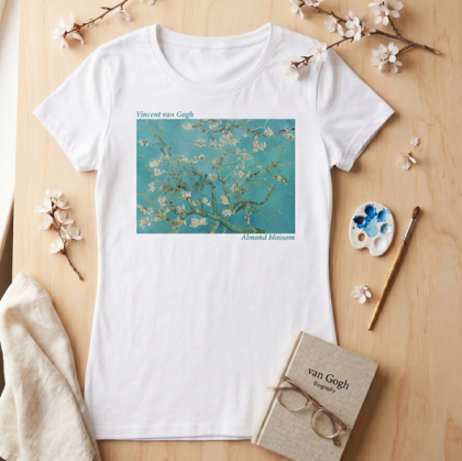 Дамска  бяла тениска - Цъфнало бадемово дърво на  Ван Гог