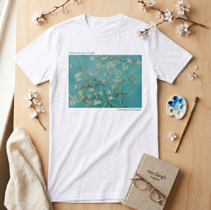 Мъжка бяла тениска - Цъфнало бадемово дърво на  Ван Гог
