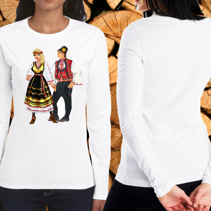 Дамска блуза с дълъг ръкав , с народни мотиви на танцьори от тракииския и шопския край.