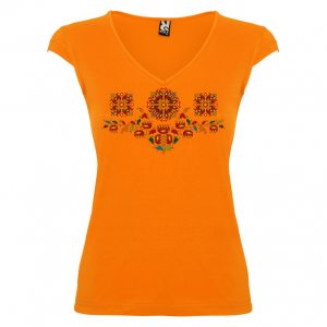 оранжева Дамска тениска  с мотиви на шевици - Букет елбетици