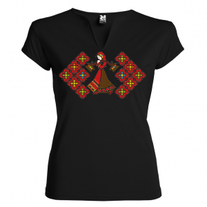 черна Висококачествена дамска тениска с мотиви на шевици- Девойчето и дванадесетте месеца