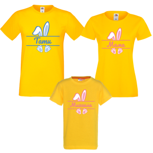 Семеен комплект цветни тениски - Розово зайче с име по избор