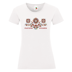 Дамска бяла тениска с народни мотиви на шевици- България