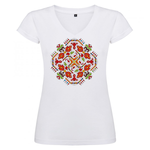 Дамска бяла тениска - V образно деколте -  Слънце