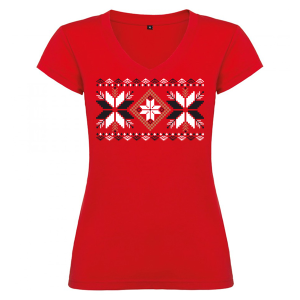 Дамска червена тениска - V образно деколте с народни мотиви