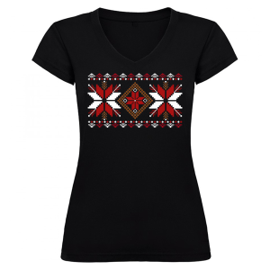 Дамска черна тениска - V образно деколте с народни мотиви