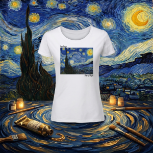 Дамска  бяла тениска - Звездна нощ  на  Ван Гог