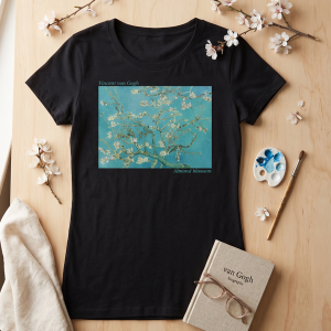 Дамска  черна тениска - Цъфнало бадемово дърво на  Ван Гог
