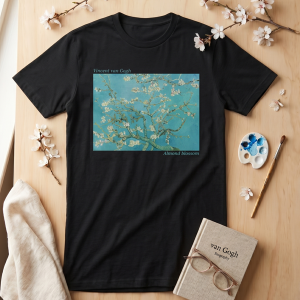 Мъжка черна тениска - Цъфнало бадемово дърво на  Ван Гог