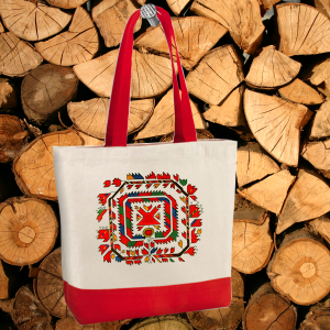 Чанта от органичен памук с червени дръжки - мотиви на шевици